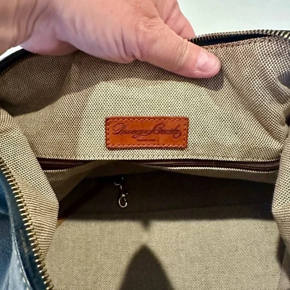 Dooney and Bourke bk purse, brass and silver hardware, yellow stitching, - Picture 12 of 16